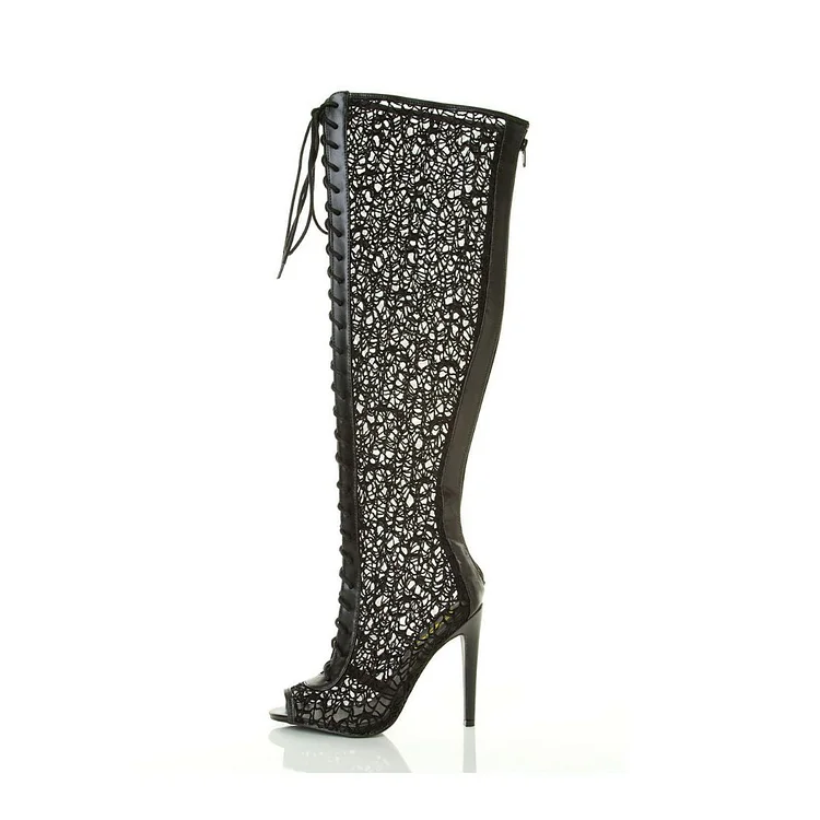 Black Summer Boots Lace up Peep Toe Lace Knee High Gladiator Boots |FSJ Shoes