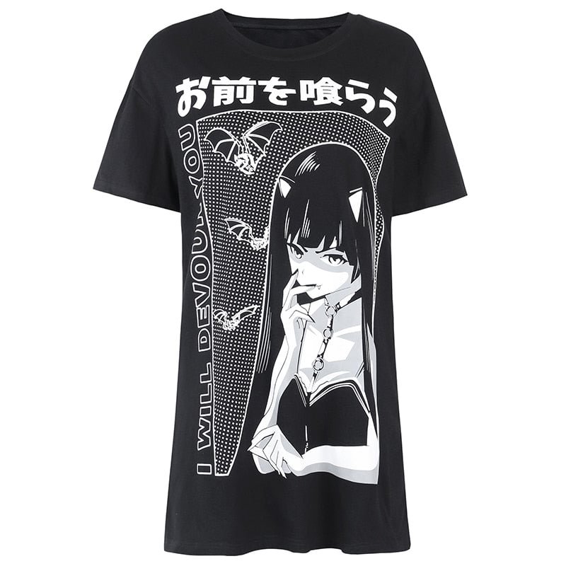 InsGoth Harajuku Loose Long T-shirts Women Gothic Streetwear Oversize Black T-shirts Grunge Printed Fashion Female Vintage Tops