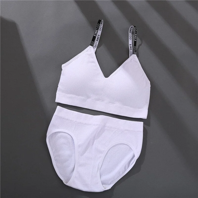 FINETOO M-2XL Padded Bra Set Women Seamless Underwear Set Deep V Tops Briefs Sexy Letter Strap Crop Top Female Lingerie Suit New
