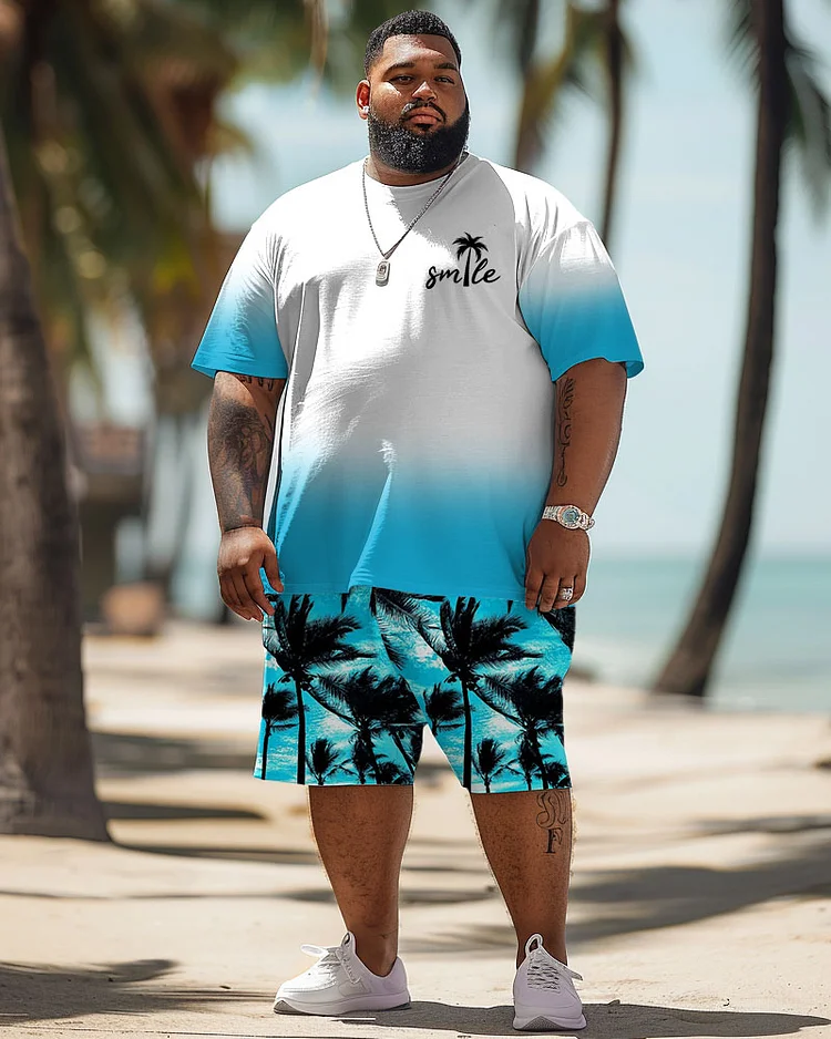 Men's Plus Size Hawaiian Gradient Coconut Tree Print T-Shirt Shorts Suit