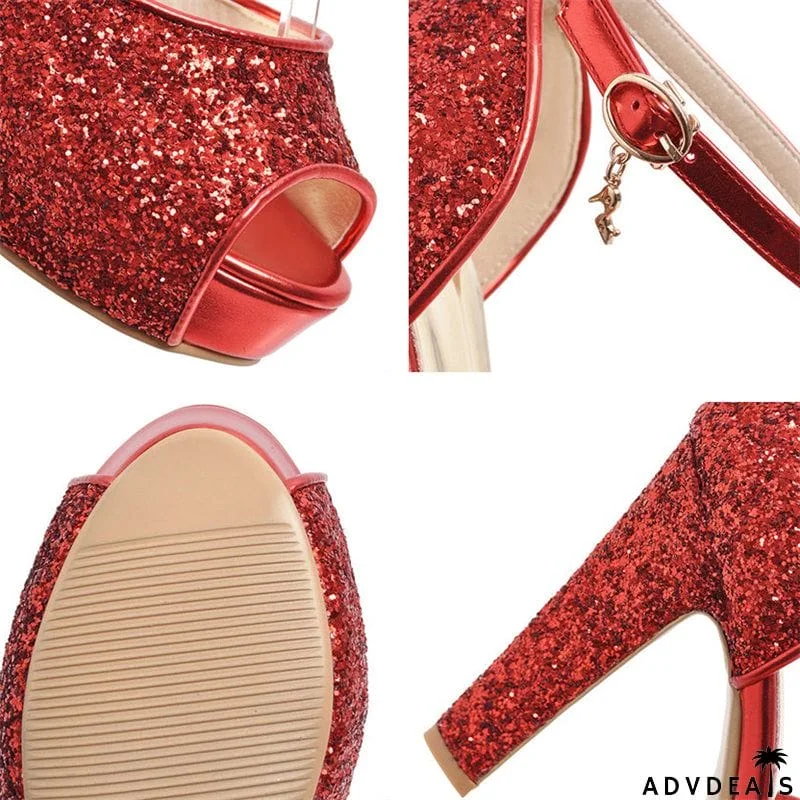 Peep Toe Sequined Fabric High Heels