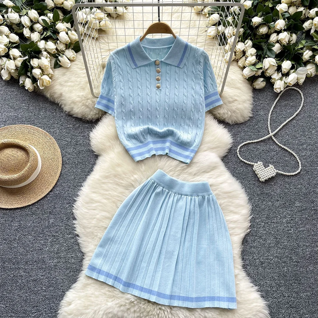 Nigikala Nigikala New Knitted Shirt Two Sets Of Women Retro Short-Sleeved Top + High-Waisted Folded Skirt