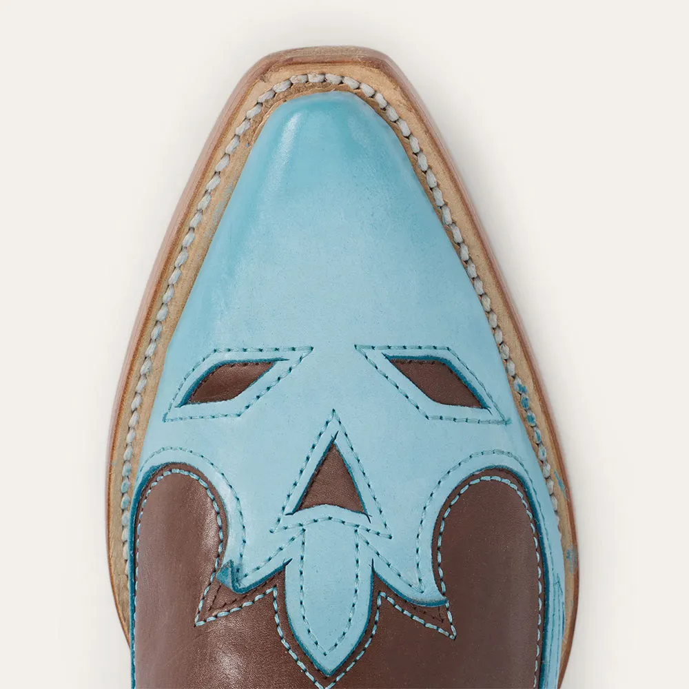 Blue & Brown Snip Toe Flame Underlay Stitching Cowgirl Boots