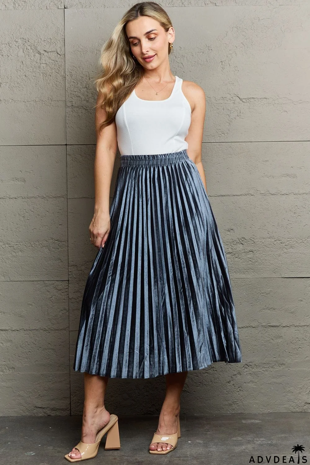 Ninexis Accordion Pleated Flowy Midi Skirt