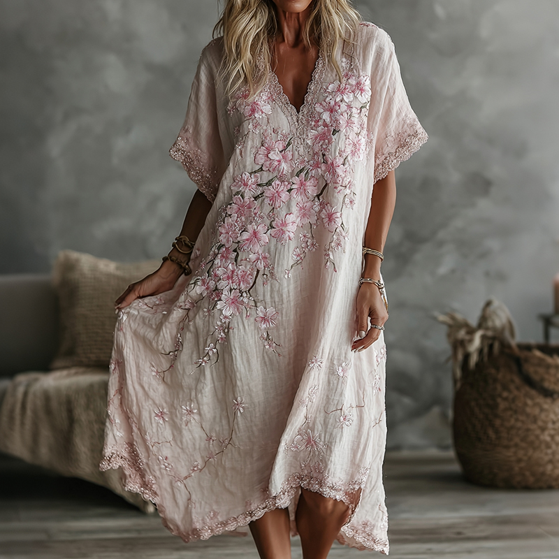 Women's Vintage Cherry Blossoms Floral Art Linen Blend Loose Linen Dress elevenforest