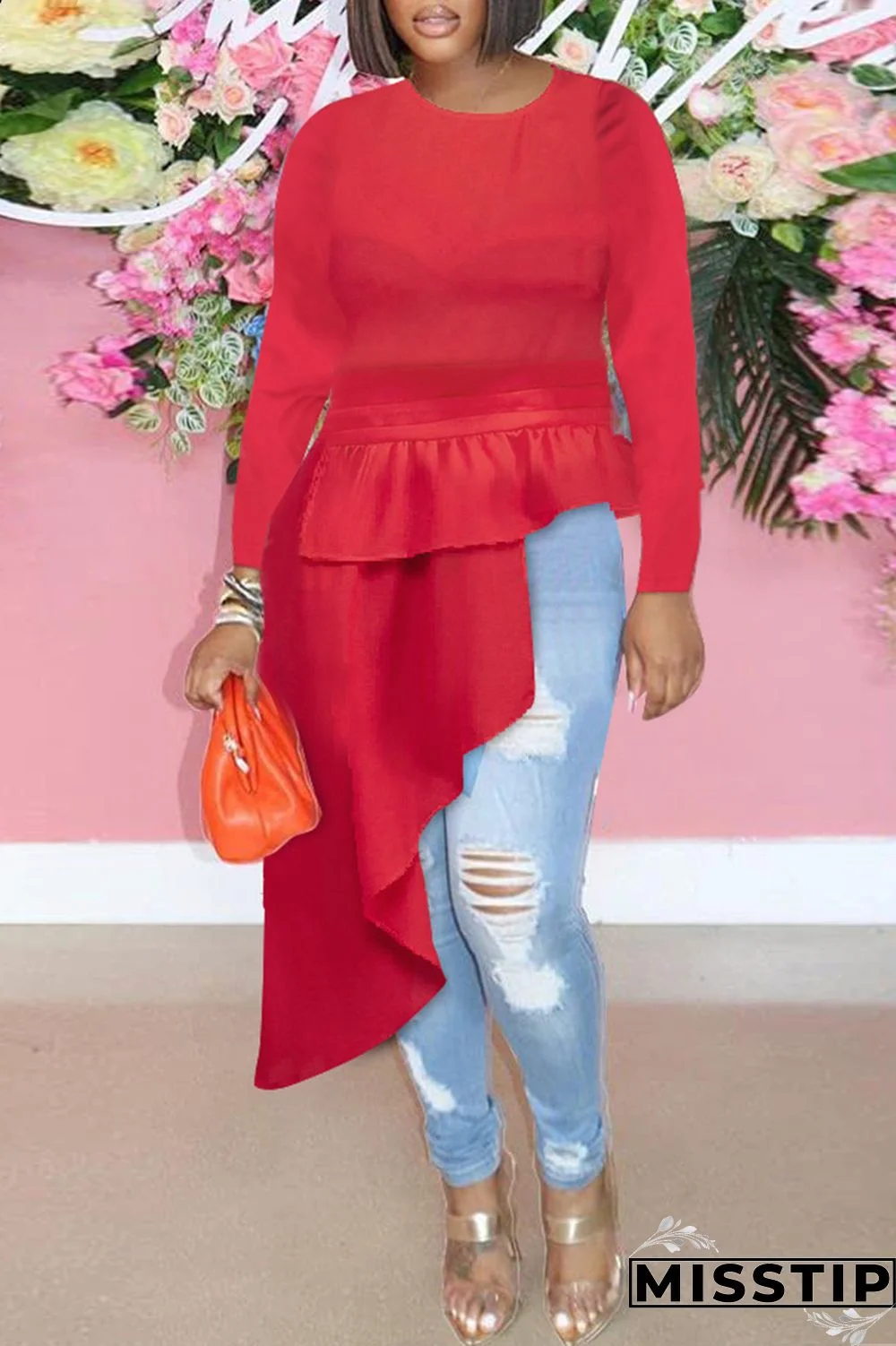 Red Fashion Casual Solid Patchwork O Neck Irregular Long Sleeve Tops