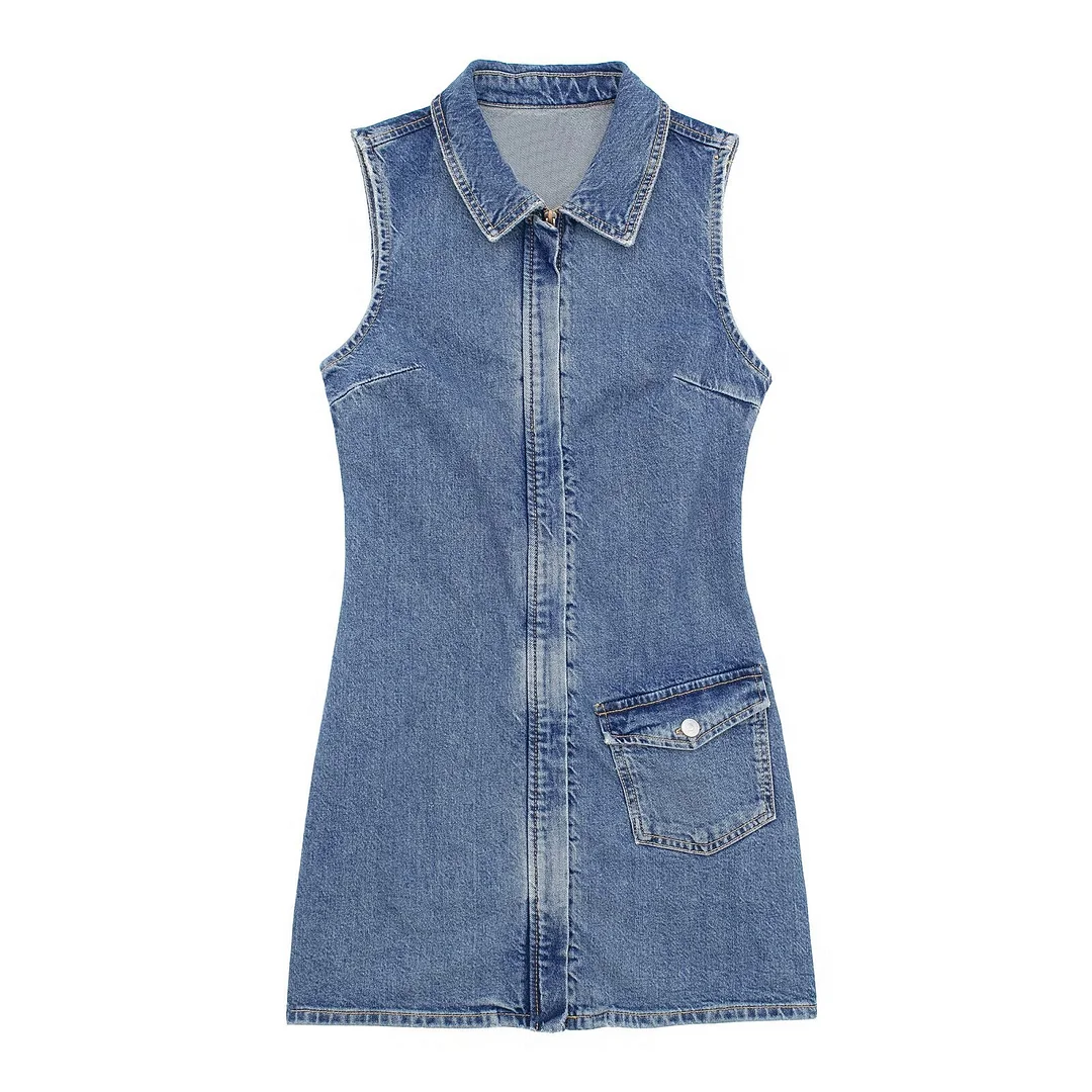 Women's Old School Style Lapel Zipper Sleeveless Denim Mini Dress