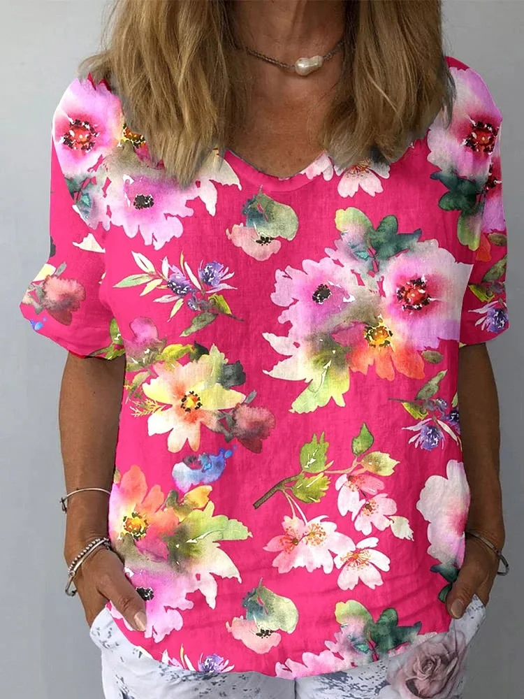 Women's Vintage Floral Art Print Casual Cotton And Linen Shirt