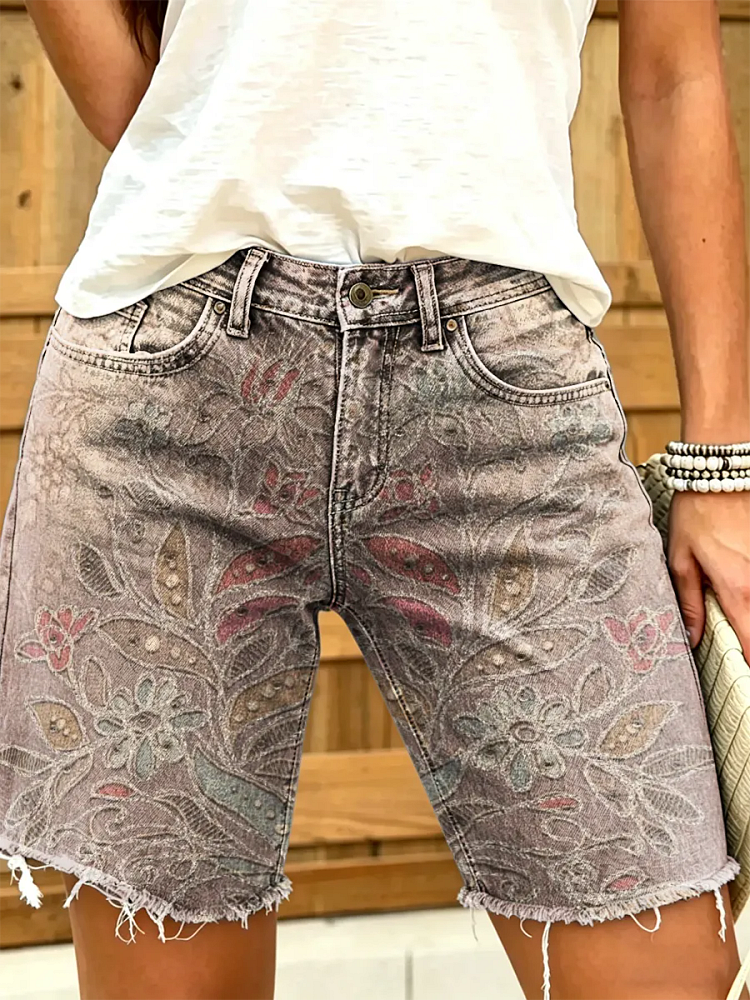 Women's Vintage Floral Print Frayed Hem Denim Shorts