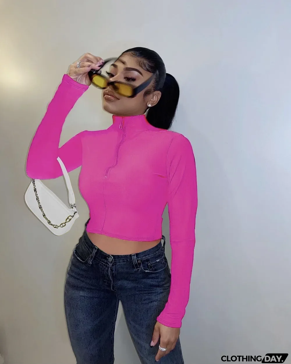 Solid Slim Fit Zip Turtleneck Top