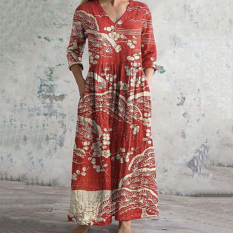 Vintage Japanese Floral Art Printed Casual Midi Dress