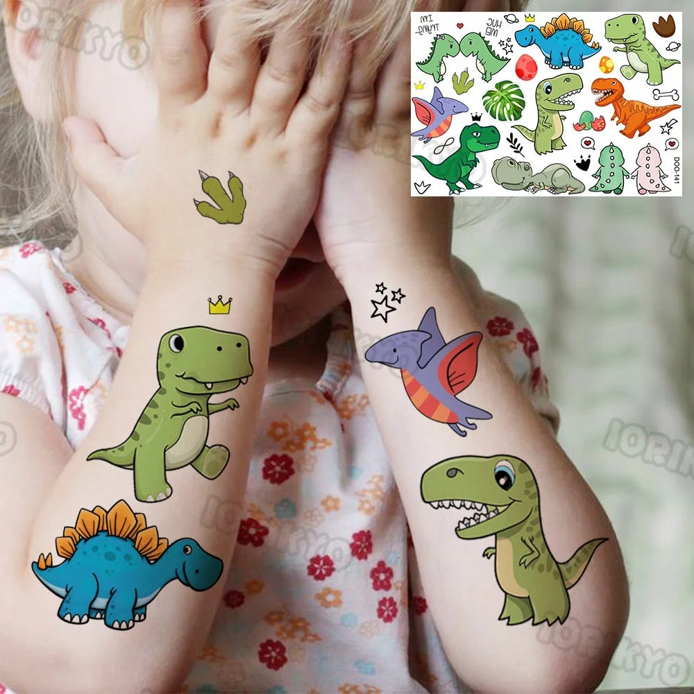Roaring T-Rex Temporary Tattoo For Kids Boy Son Girls Fake Dinosaur Tattoo Sticker Cartoon Egg Tiny Tatoos Toddler Hands Arm