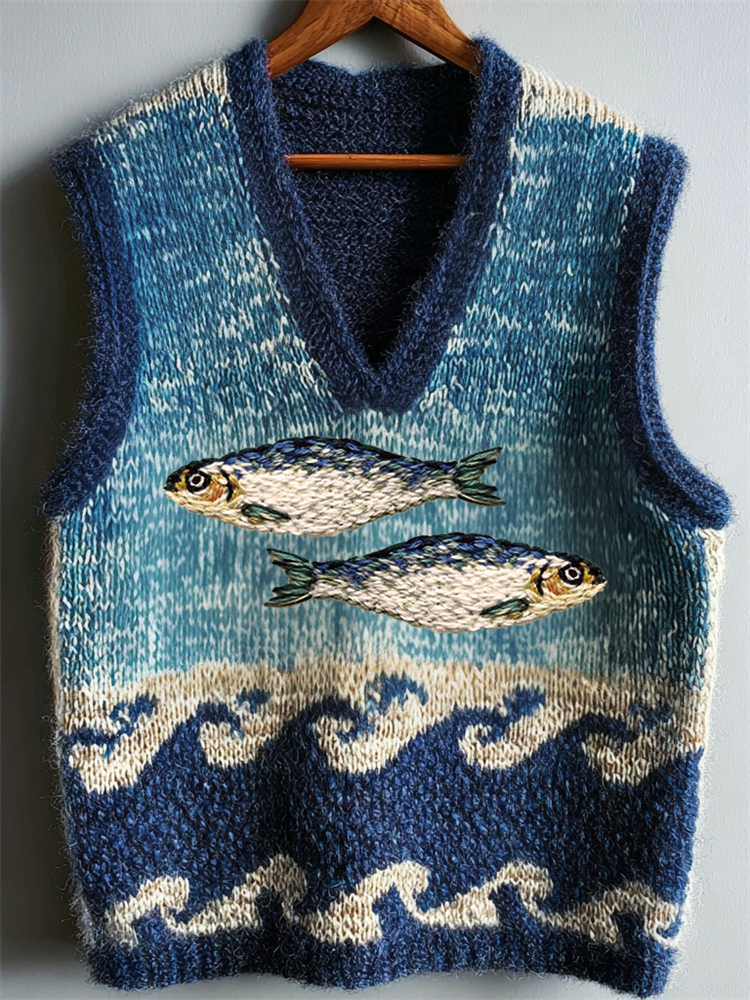 Vintage Fish Embroidered Sea Waves Colorblock Cozy Knit Vest  artssus