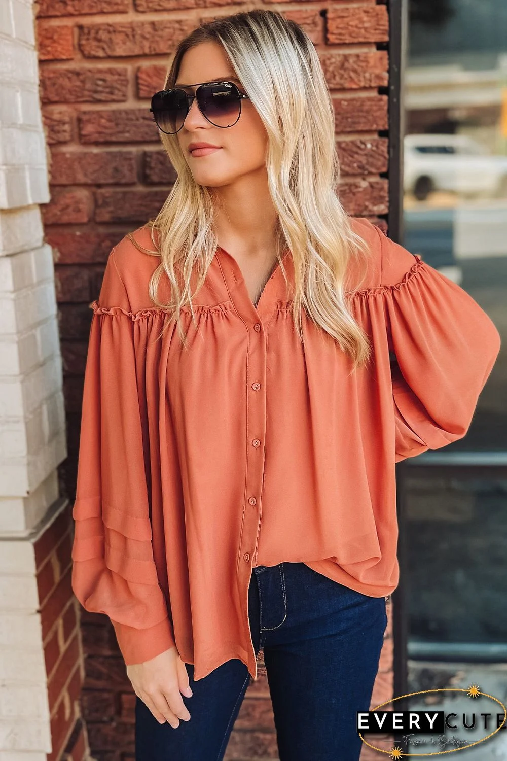 Orange Frill Trim Creasy Puff Sleeve Shirt