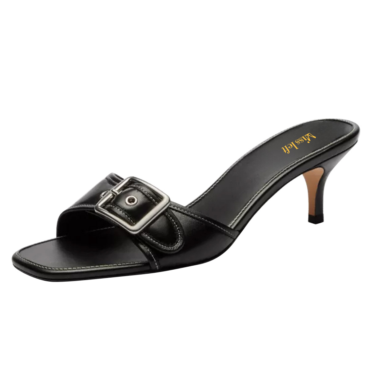 Black Vegan Leather Square Toe Mule Kitten Heels with Buckle Decor Nicepairs