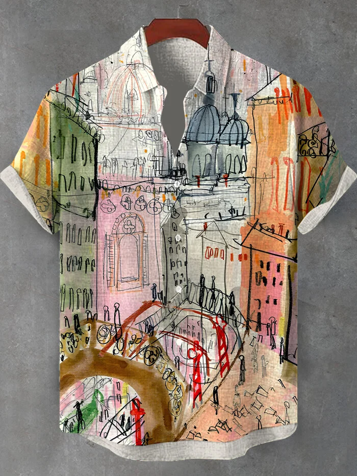 Men's Graffiti City Building Landscape Travel Art Print Short Sleeve Shirt