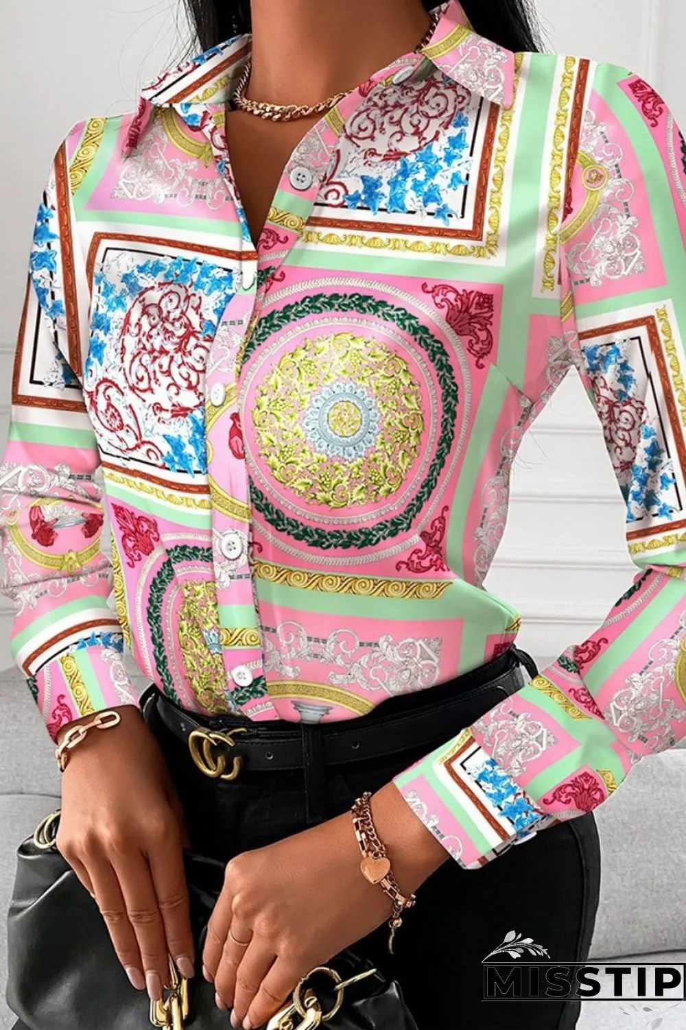 Black Red Casual Print Patchwork Shirt Collar Tops