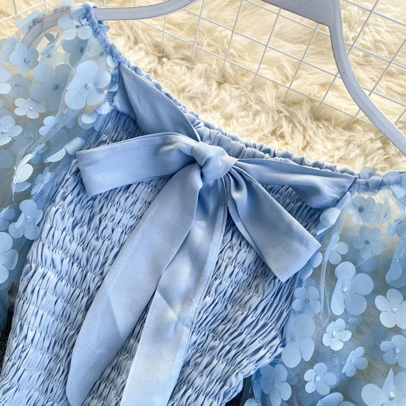 Elegant Spring Summer Women Short Shirt Sweet 3D Flower Appliques Mesh Crop Tops Slash Neck Puff Long Sleeve Ladies Blouse