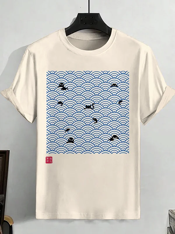 Men's Japanese Ocean Waves Black Cat Art Print Cotton Casual T-Shirt