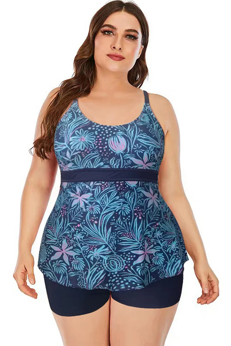 Plus Size Beach Blue Plant Print U Neck Two Pieces Swimwear  Flycurvy [product_label]