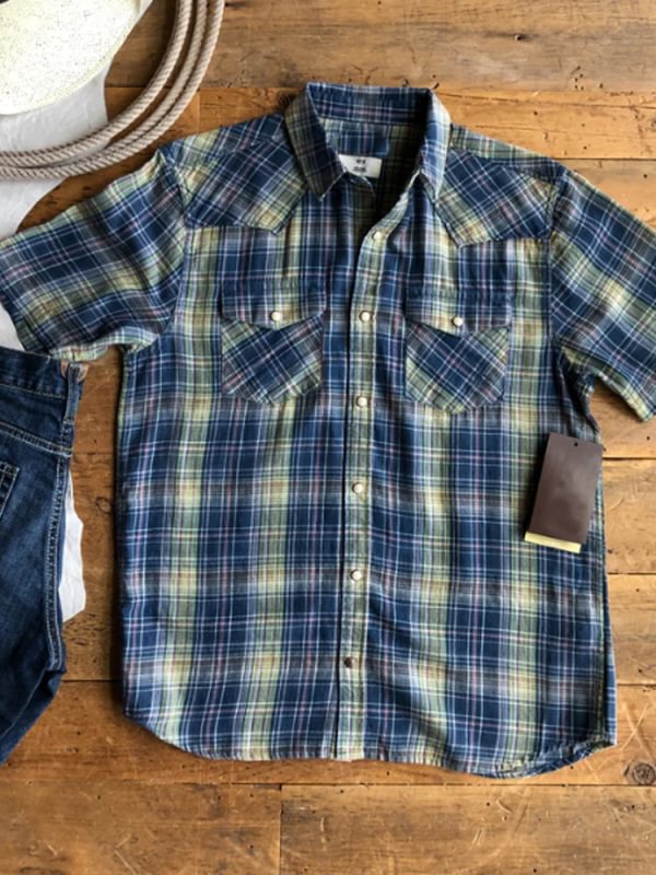 Men's multicolor lattice pattern cotton linen shirt