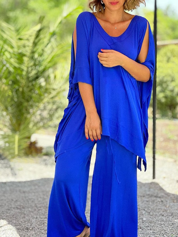 Women Half Sleeve V-neck Solid Color Dress