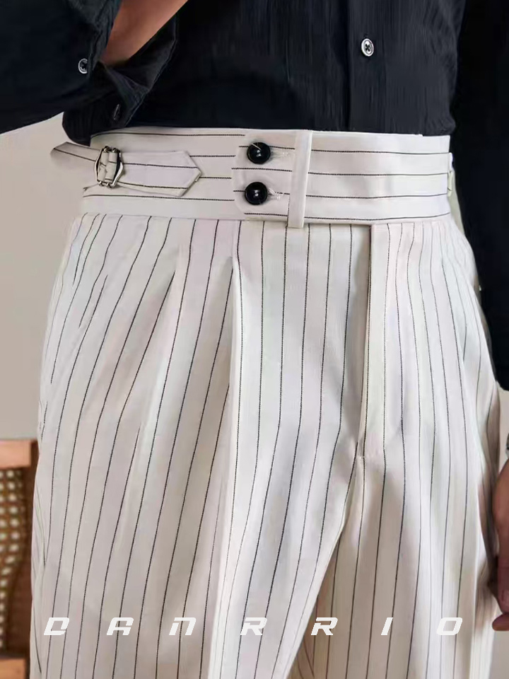 DANRRIO White Striped Double Pleated Casual Vintage Trousers Suit Pants DANRRIO.COM DANRRIO