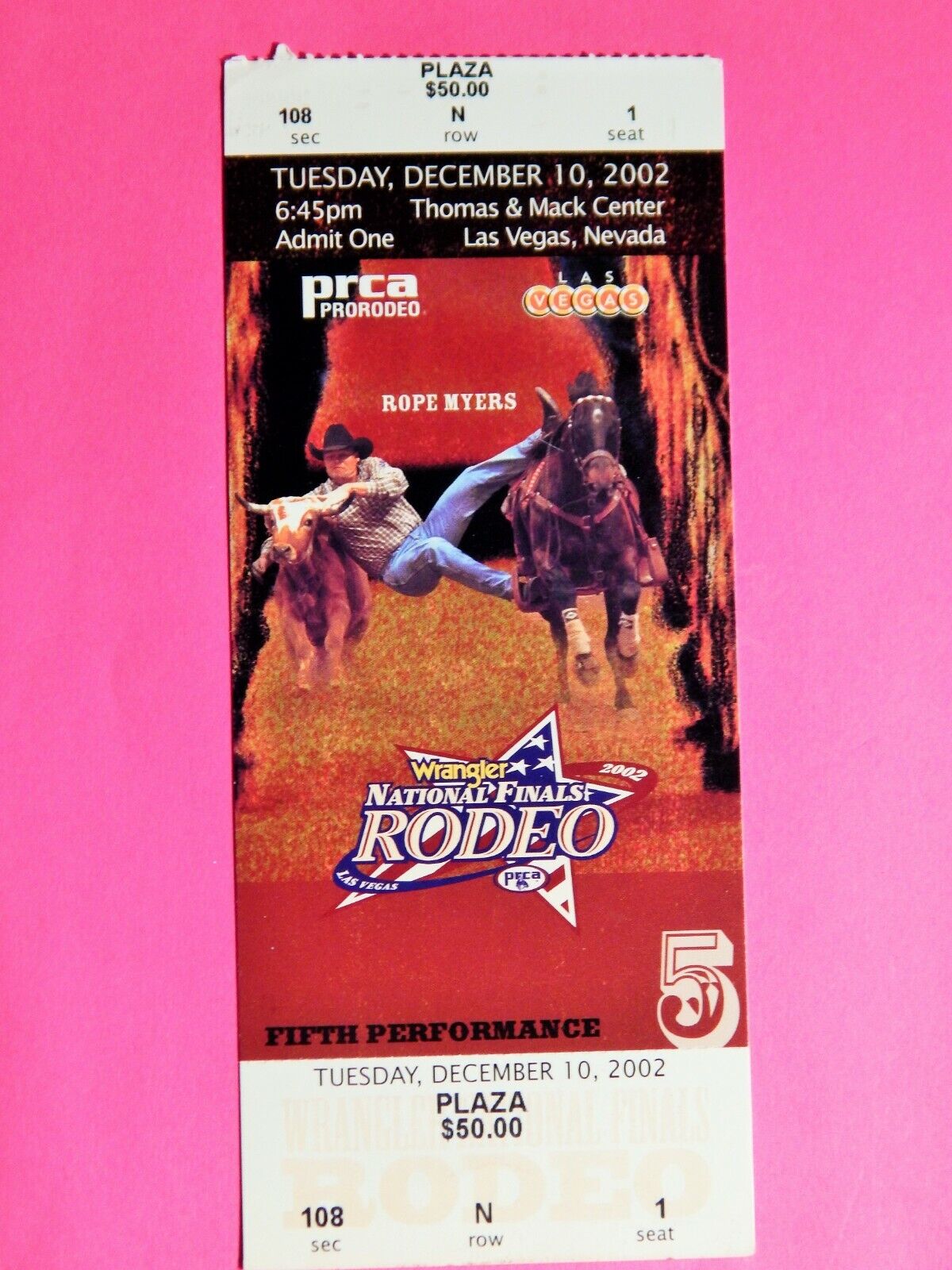 2002 NATIONAL FINALS RODEO LG ORIGINAL USED TICKET ROPE MYERS COLOR Photo Poster painting