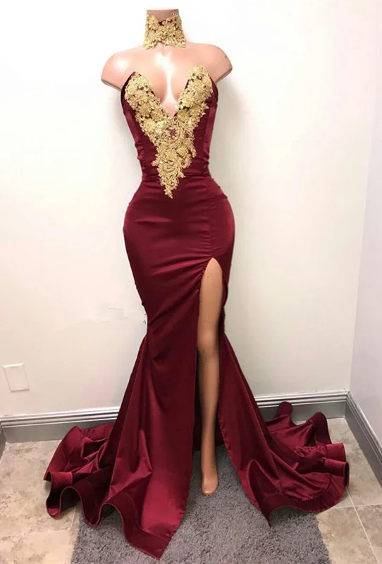 Burgundy V-Neck Mermaid Prom Dress Split With Lace Appliques PD0657