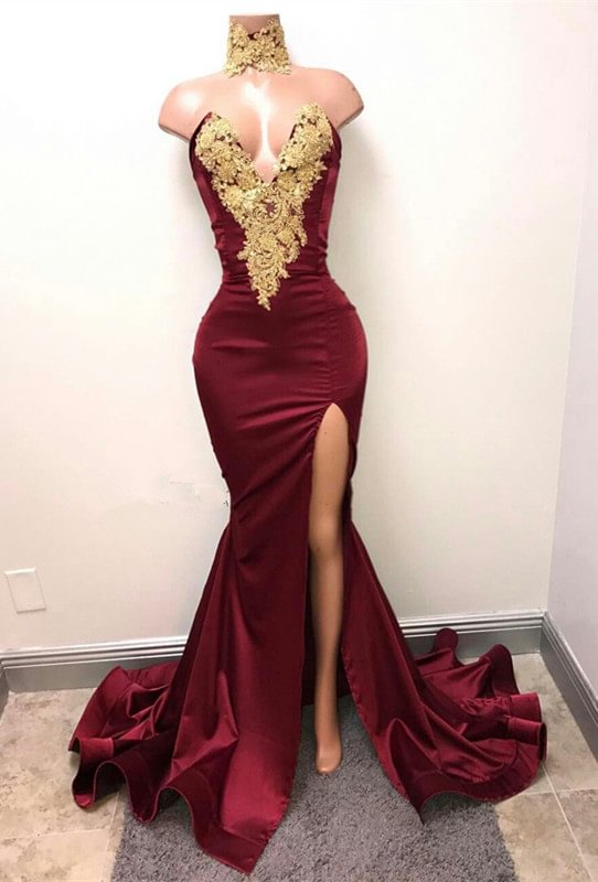 Burgund V-Ausschnitt Mermaid Prom Dress Split mit Spitzenapplikationen PD0657 Lunass