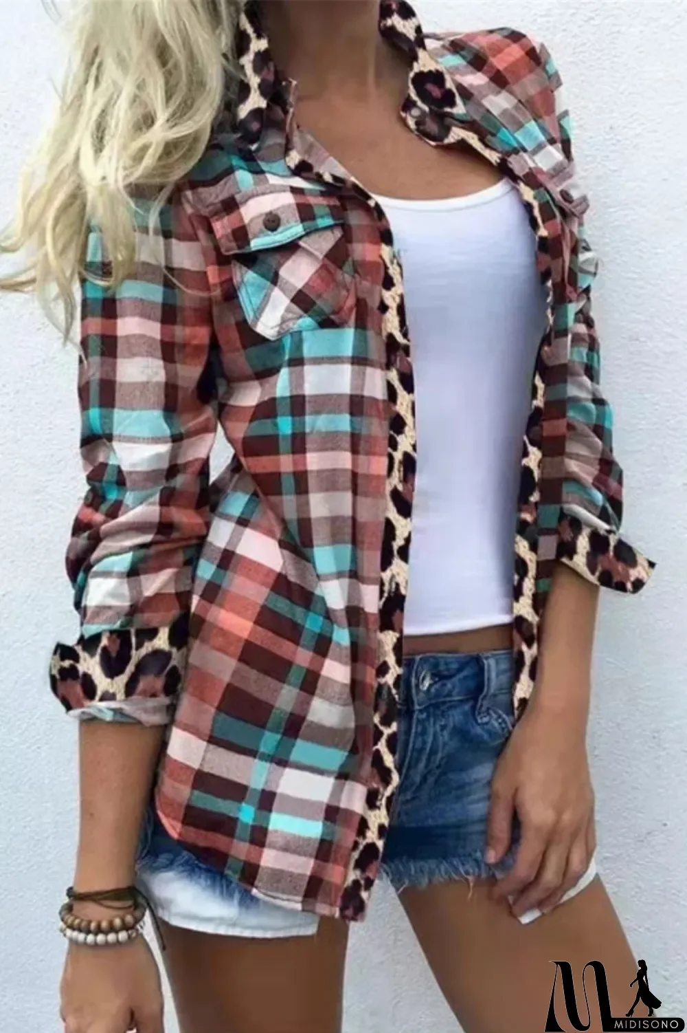 MidiSono - Leopard Print Casual Plaid Print Cardigan Shirt Collar Tops