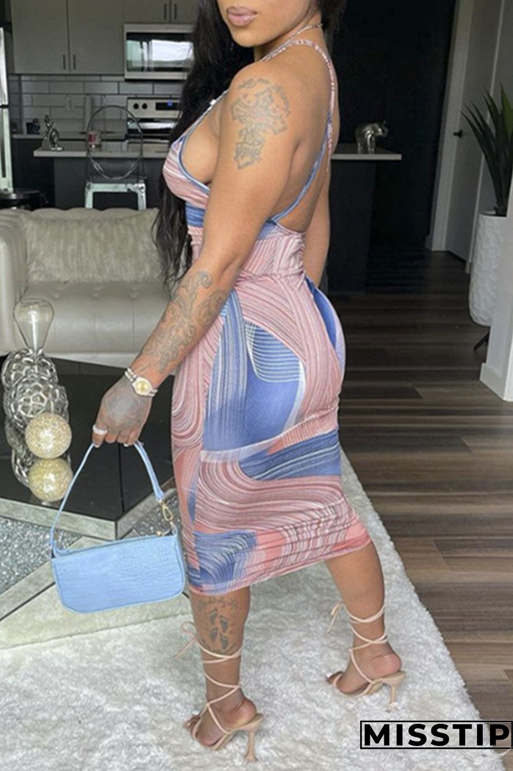 Light Blue Fashion Sexy Print Backless Spaghetti Strap Sleeveless Dress Dresses