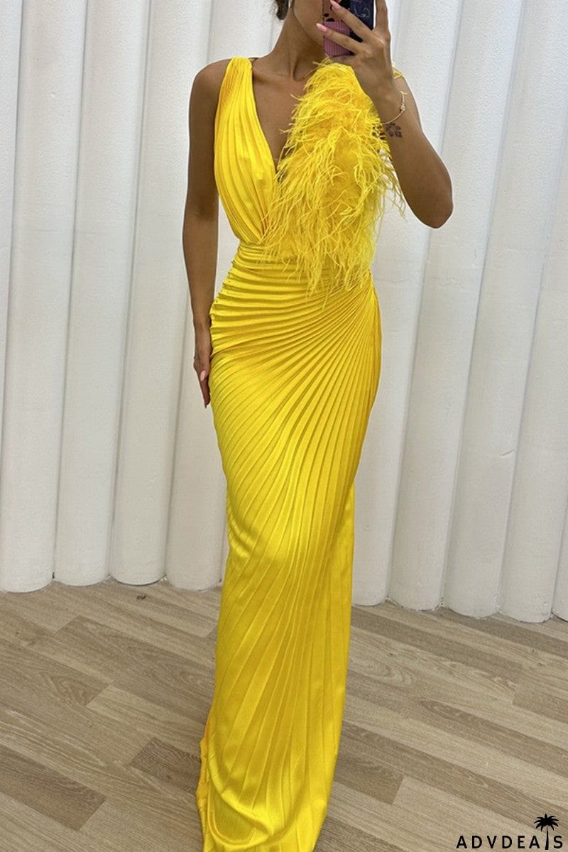 Sexy Solid Patchwork Pleated V Neck Long Dress Dresses