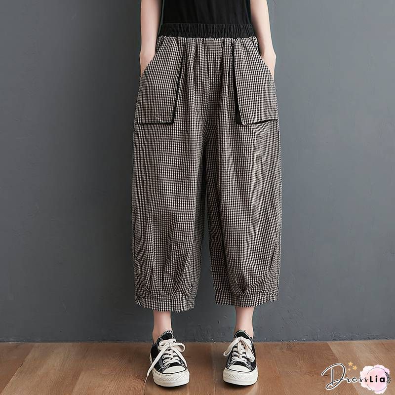 Yellow Pockets Loose Cotton Crop Pants High Waist Summer