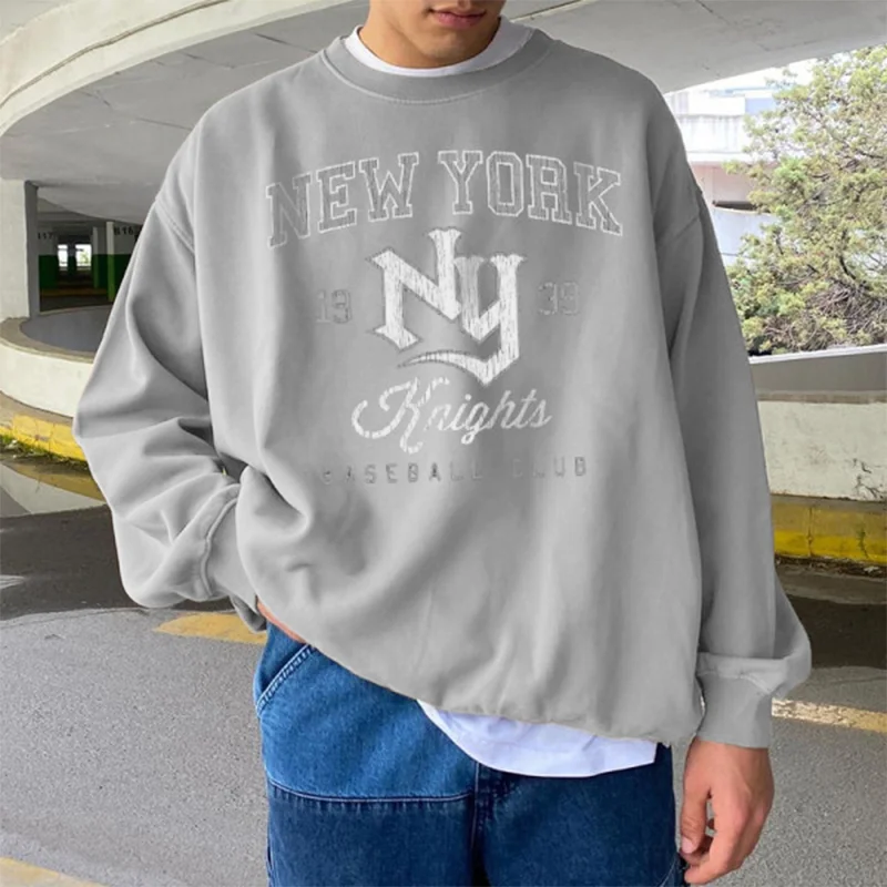 Retro NY Print Men’s Crew Neck Pullover Sweatshirt