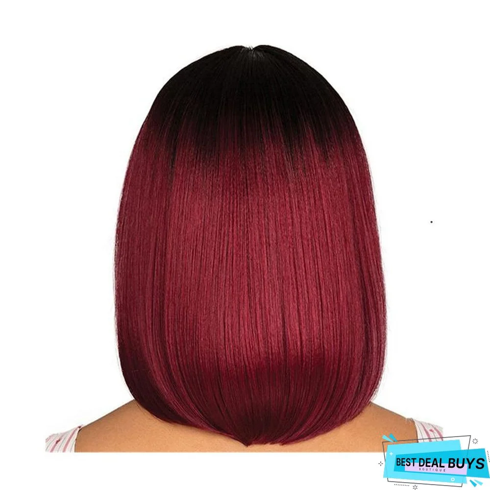 Dyeing Medium Bobo Wig Female Short Straight Hair Black Gradient Wine Red