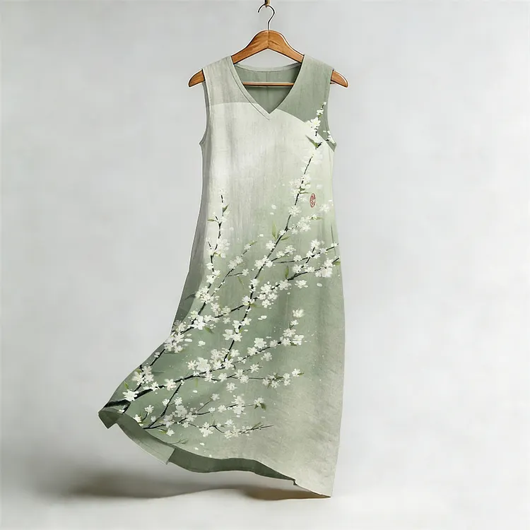Vintage Pear Flower Art Flowy Linen Midi Dress