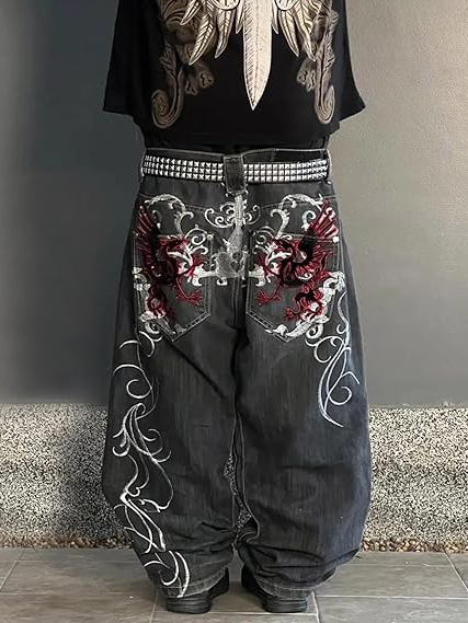 Shoptechwear Art Satanic Devil Eagle Embroidered Washed Denim Pants