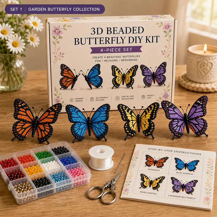 3D Beaded Butterfly DIY Kit &ndash; 4-Piece Handmade Butterfly Craft Set