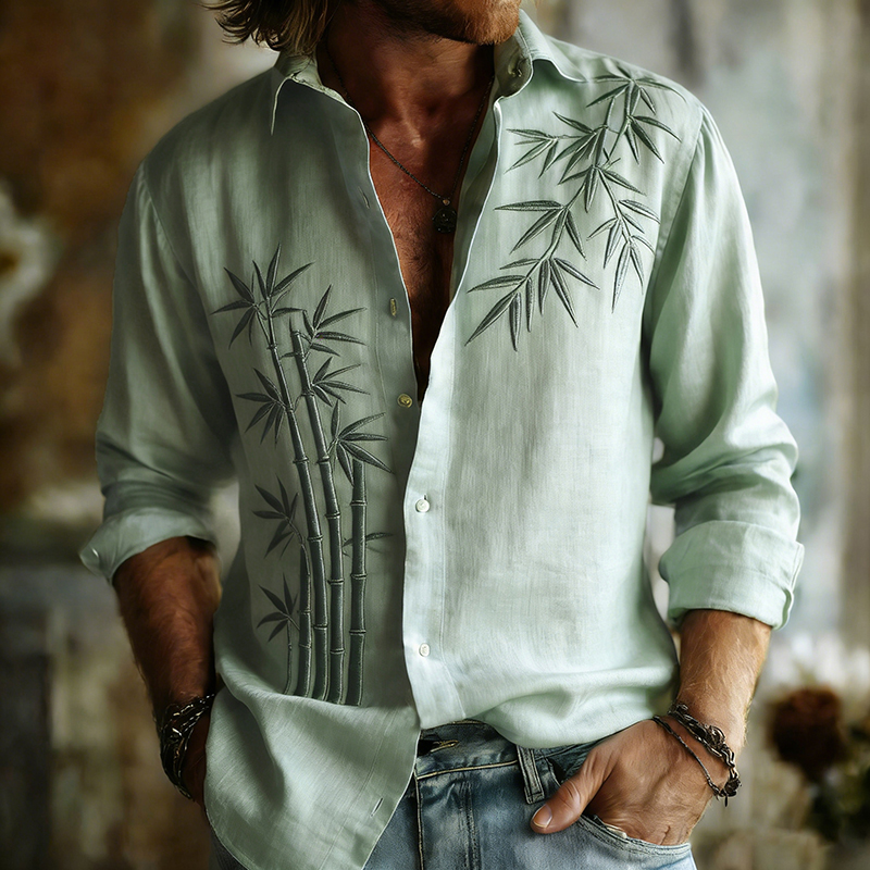 Comstylish Men's Retro Bamboo Art Linen Long Sleeves Shirt