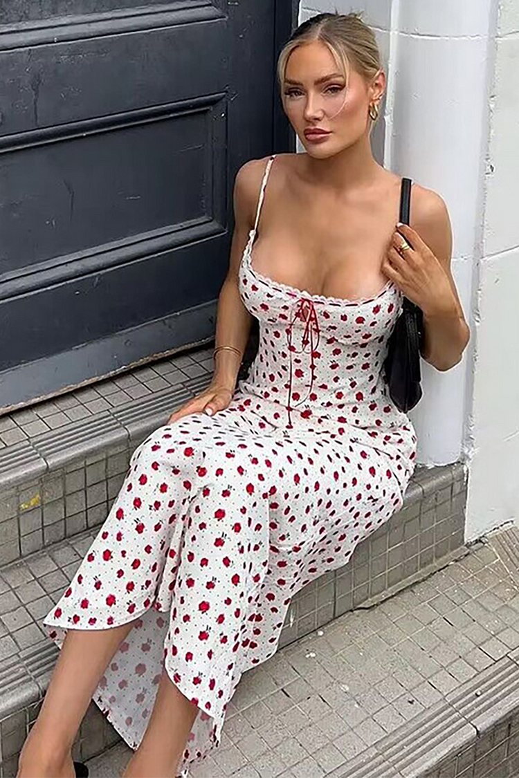ditsy floral print boat neck corset slip midi dresses-white Floral Corset Sleeveless Midi Dress