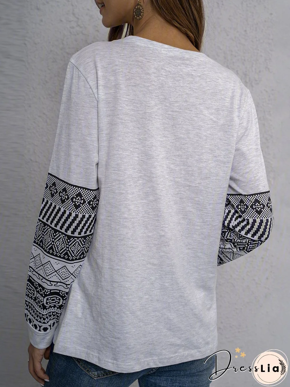 Plus Size Casual Long Sleeve Tribal Tops