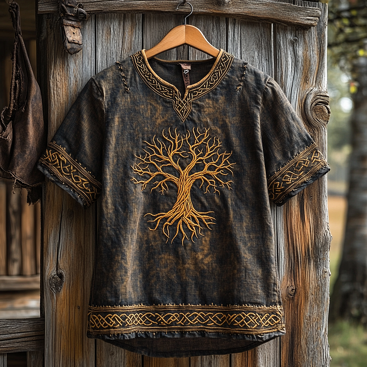 Men's Viking Tree Of Life Embroidery Linen Shirt