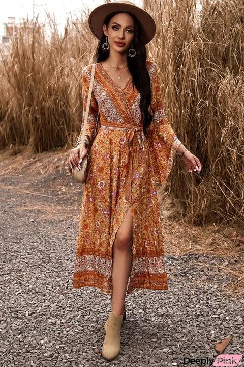 Bohemian Surplice Neck Slit Dress