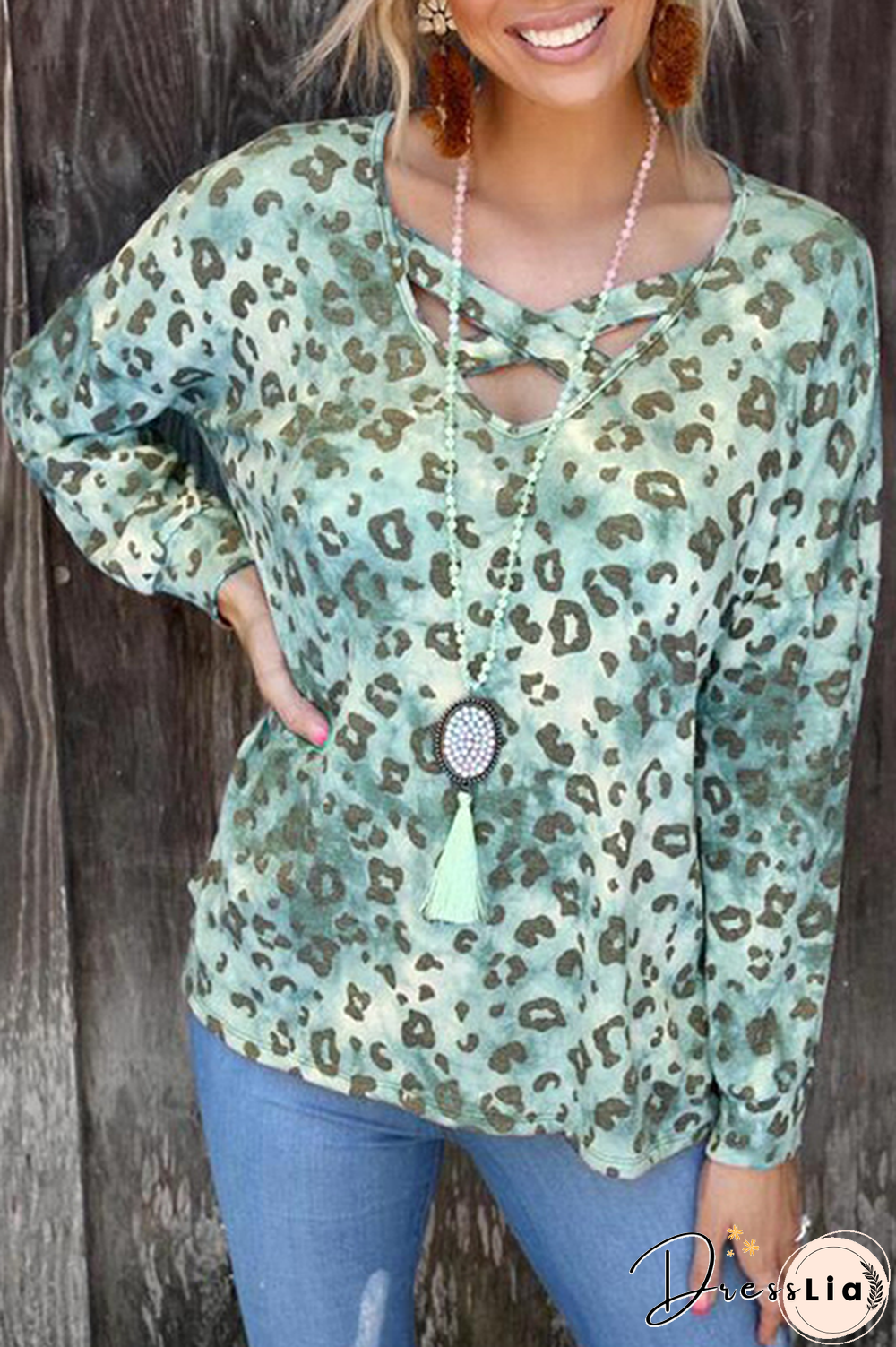 Casual Leopard Hollowed Out Split Joint V Neck Tops(3 colors)