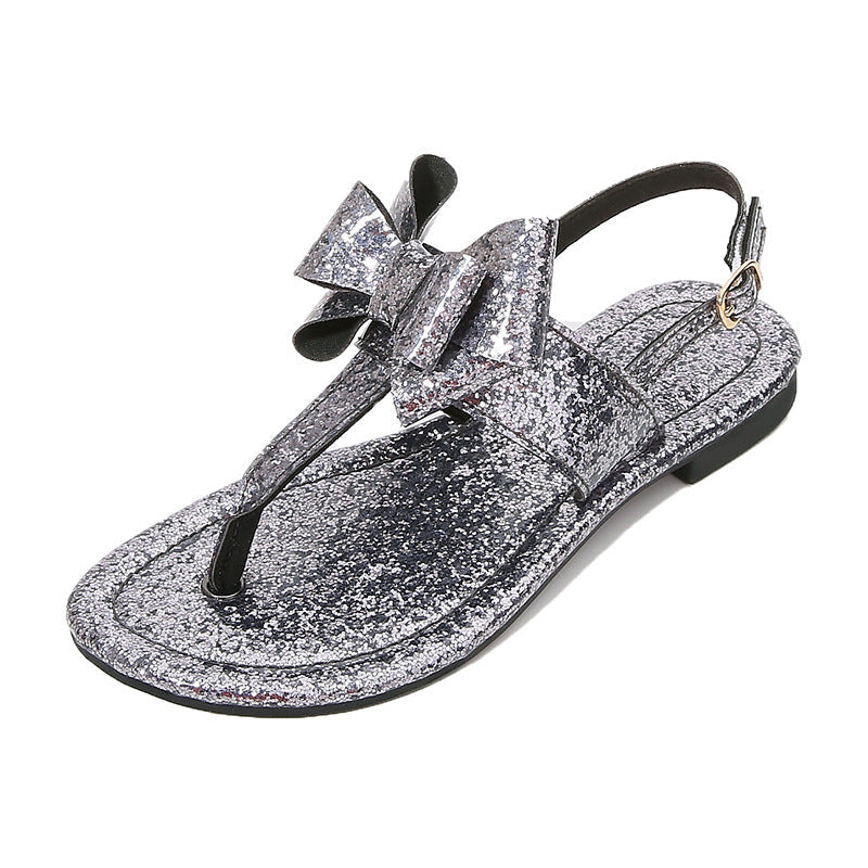 Rhinestone sequins bow T-strap slingback sandals | Women's flat backstrap glitter sandals