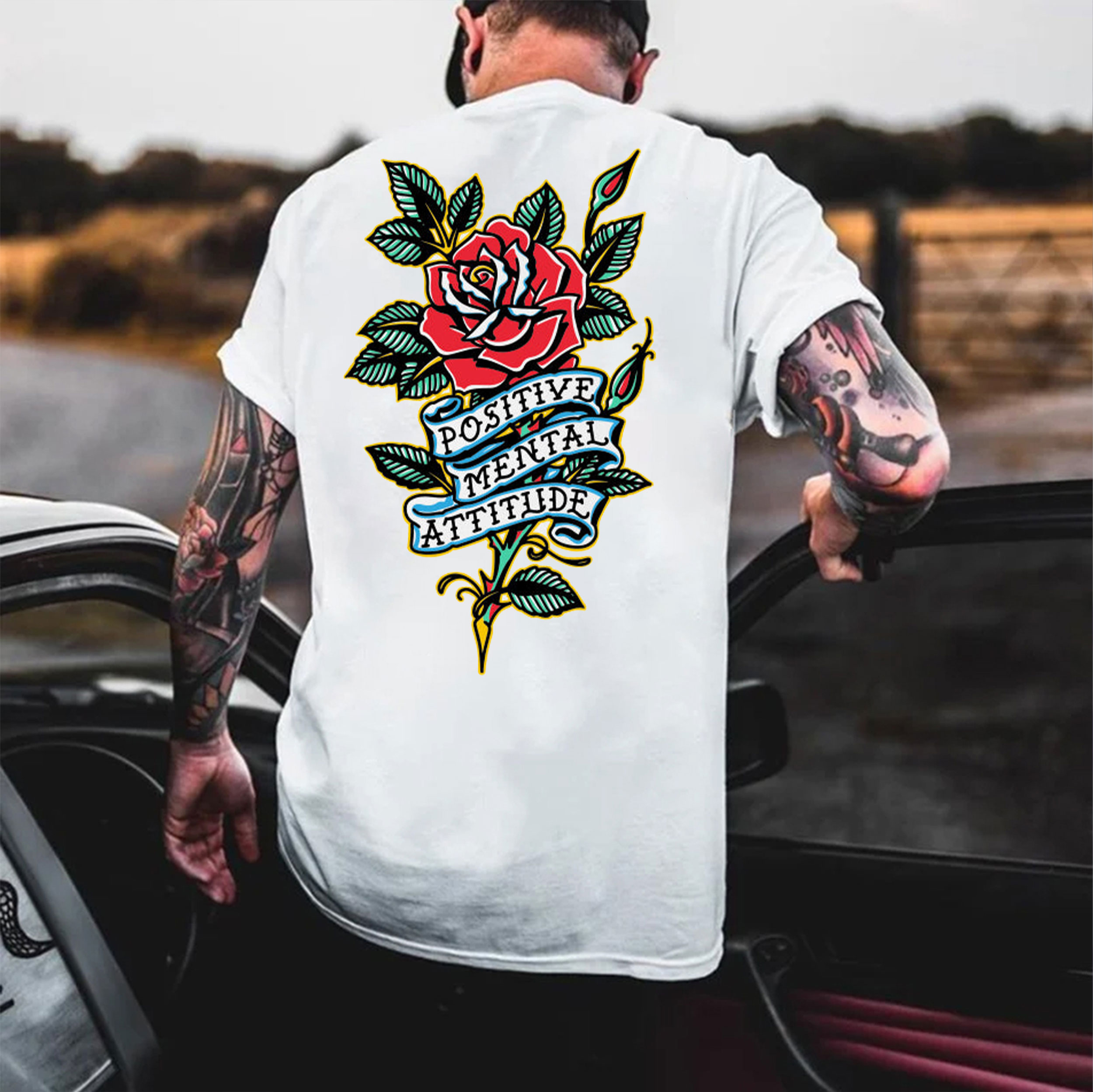 POSITIVE MENTAL ATTITUDE Rose Graphic White Print T-shirt
