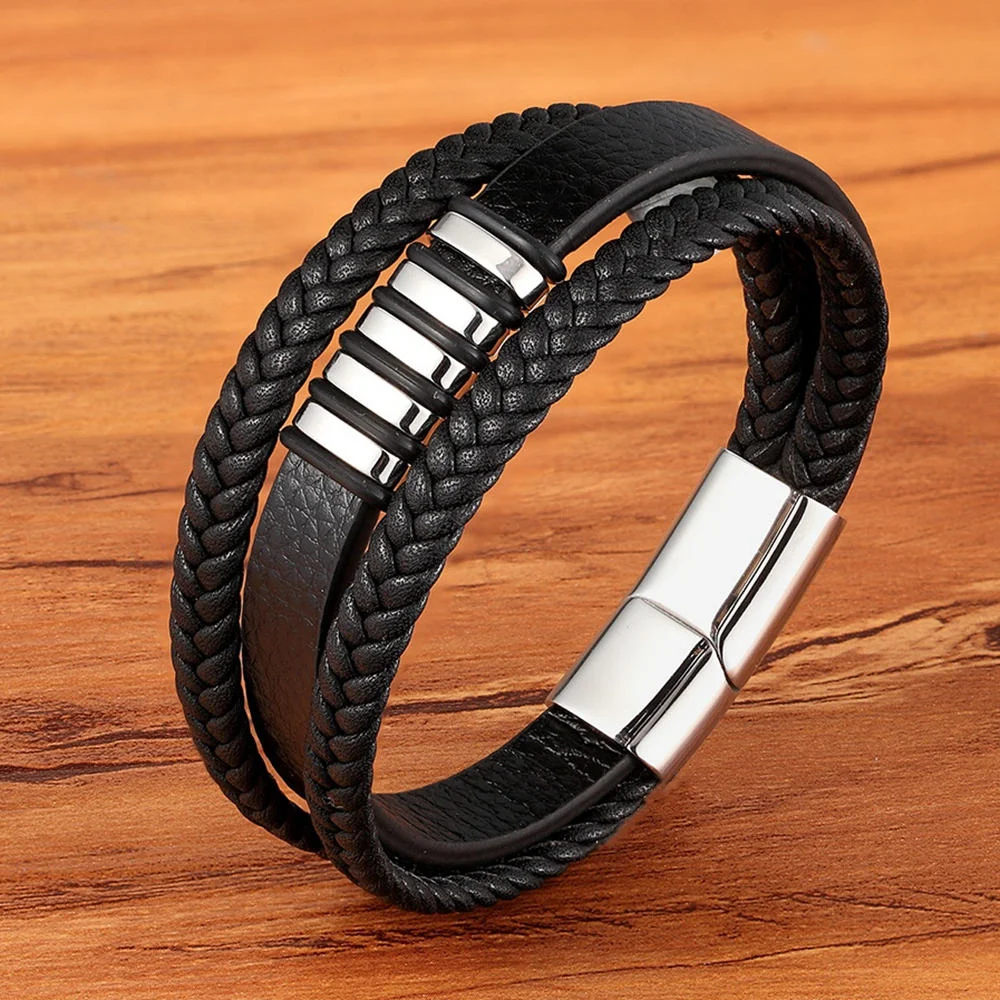 Christmas Gift New 3 Layers Black Gold Punk Style Design Genuine Leather Bracelet for Men Steel Magnetic Button Birthday Gift Male Bracelets
