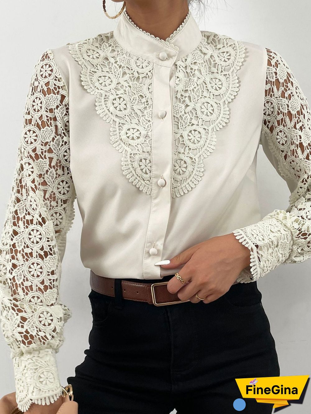 Women'S Blouses Stand Collar Lace Cutout Long Sleeve Blouse