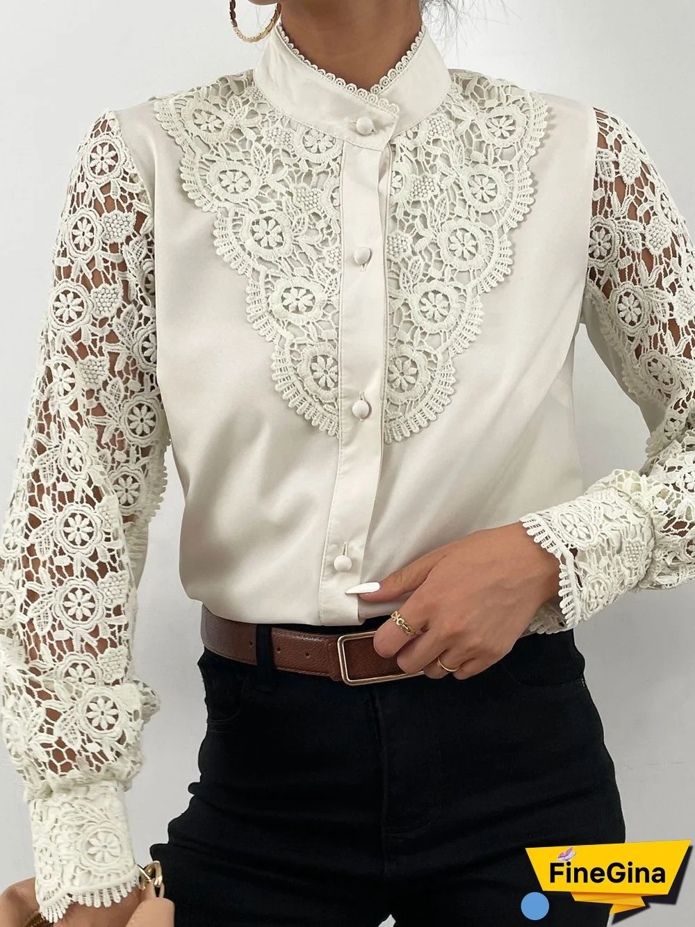 Women'S Blouses Stand Collar Lace Cutout Long Sleeve Blouse